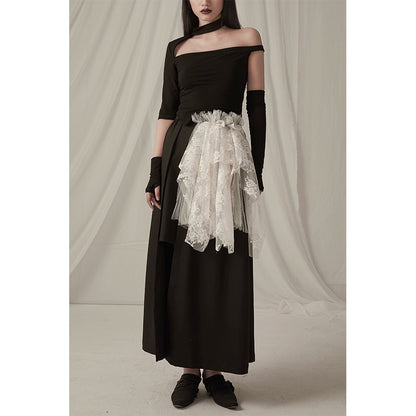 Lace Spliced Black A-line Skirt