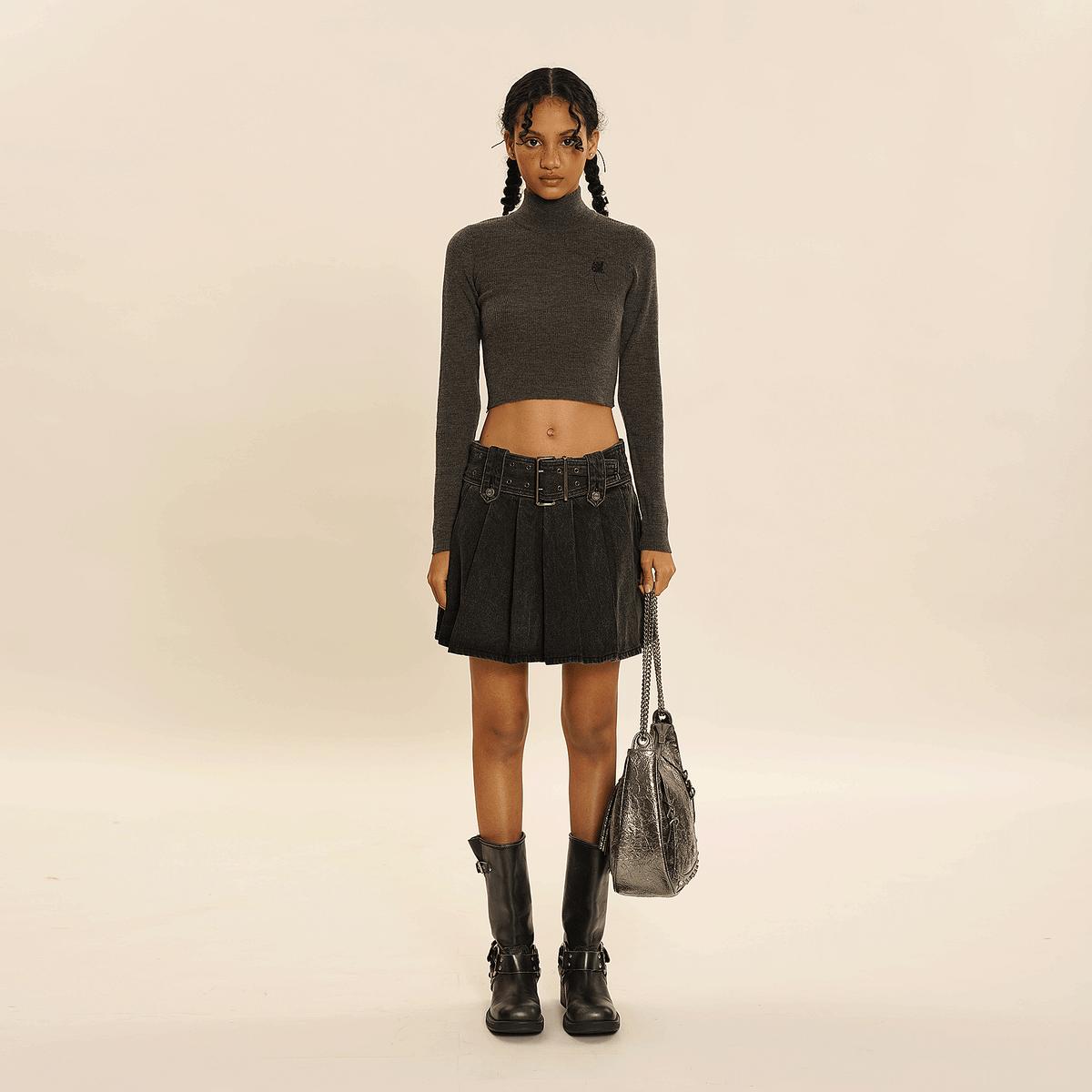 Falda plisada vaquera con cintura ancha y hardware cuadrado para mujer, nueva falda acampanada retro adelgazante de cintura alta
