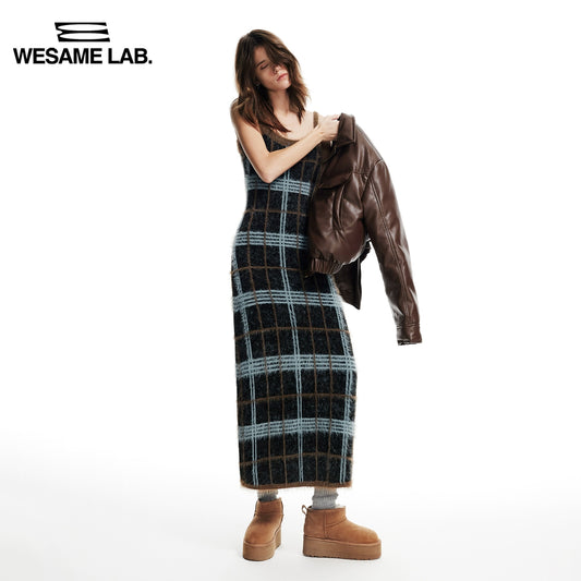 Soft Imitation Mink Hair Mixed Color Large Plaid Vintage Sling Dress