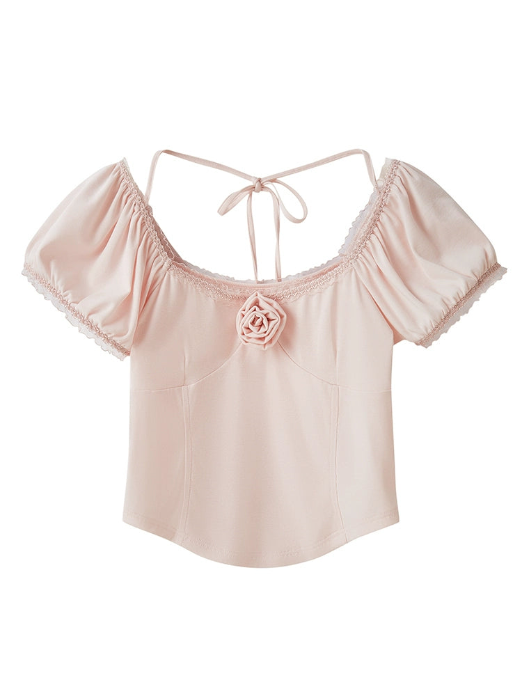 White Rose Desire - Top de punto con mangas de burbujas