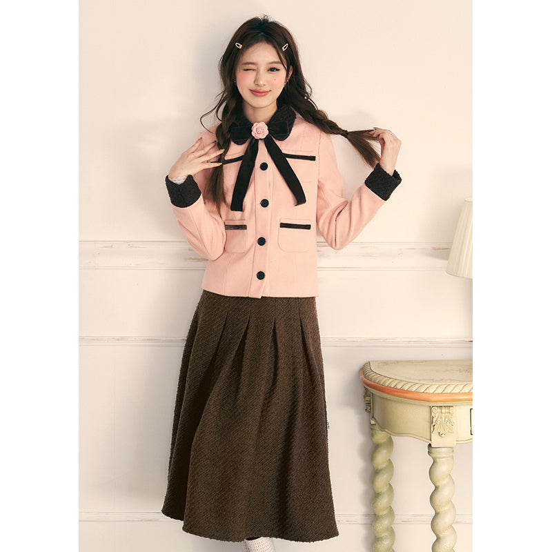 Bow Coat Pleated Skirt Set