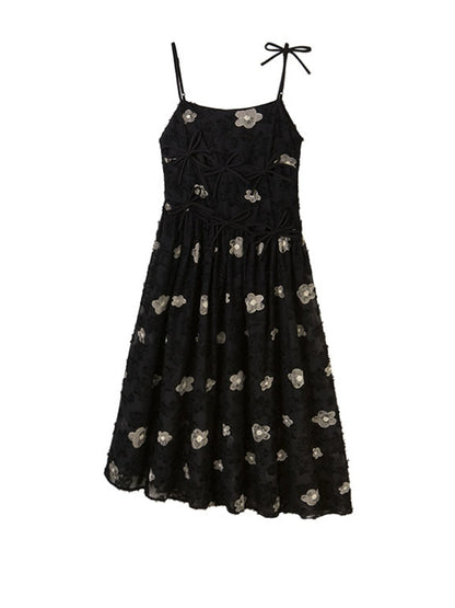 Bow Tie Strap - Embroidered Black Dress