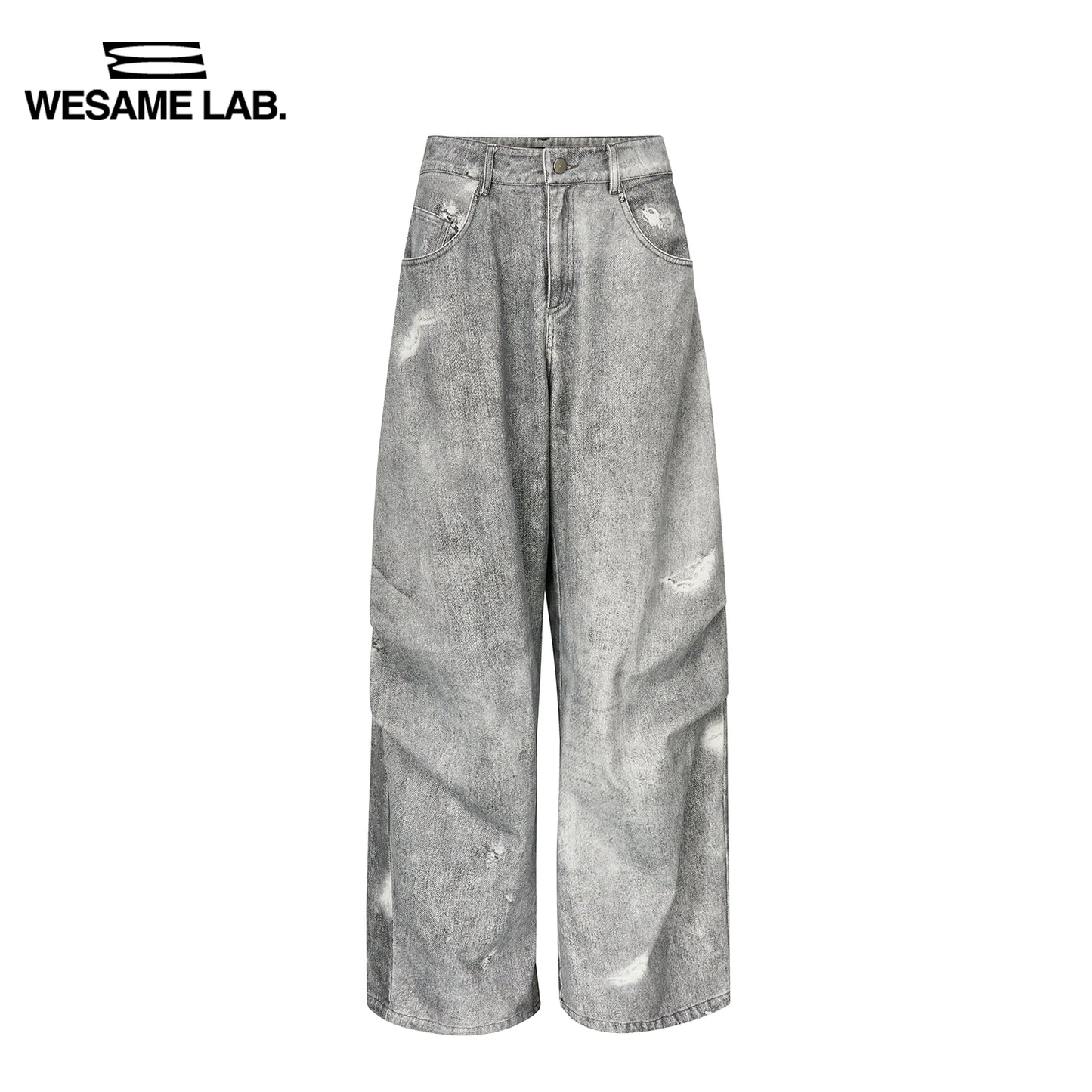 Peut être porté pendant toutes les saisons, montrant une impression lavée mincerante avec des trous et un pantalon large en denim gris texturé pour les femmes