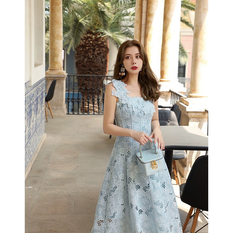 Lakeside Blue Lace Hollow Suspended Dress