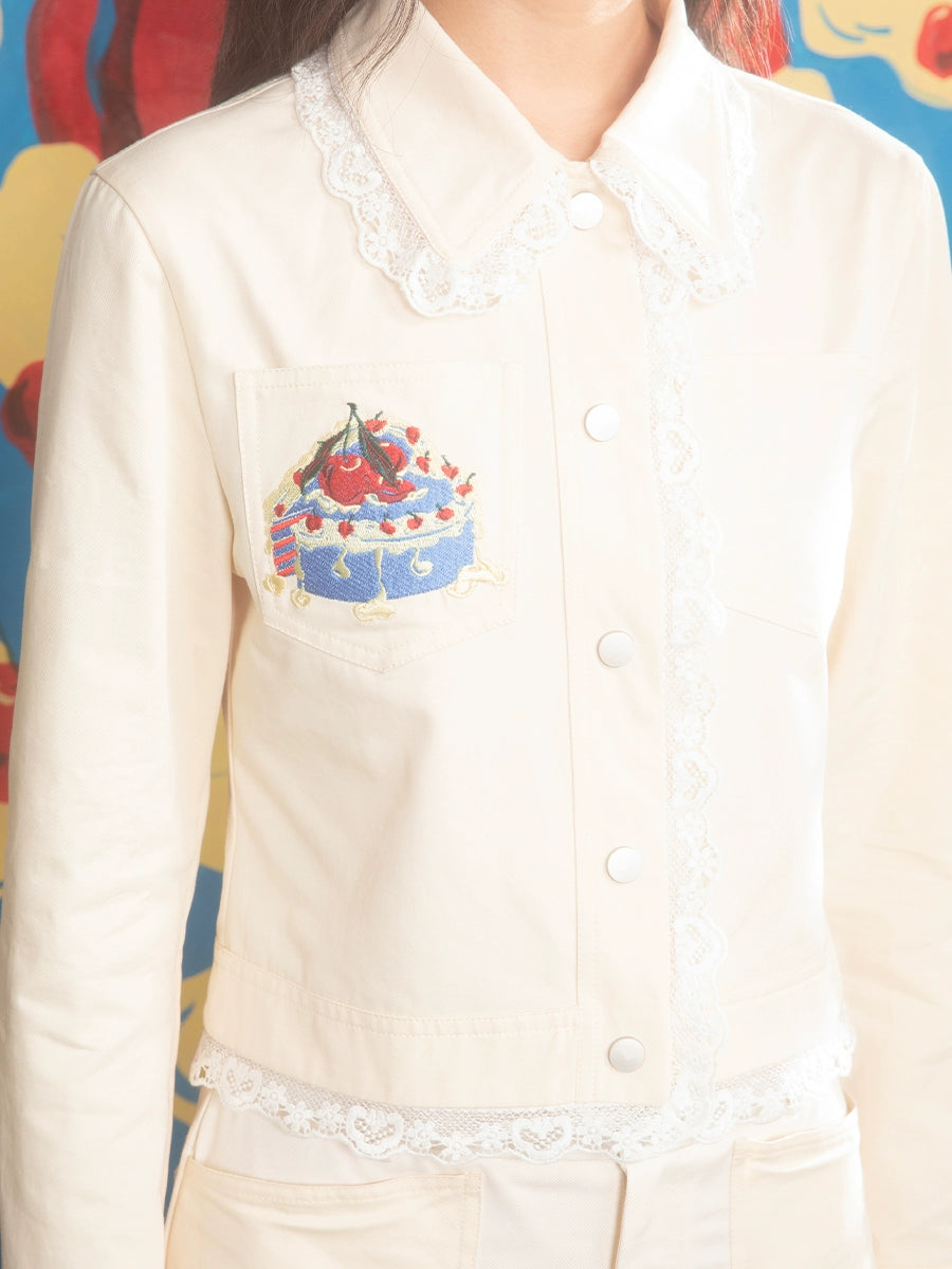 크림 케이크 : 자수 레이스 재킷 및 스커트 세트