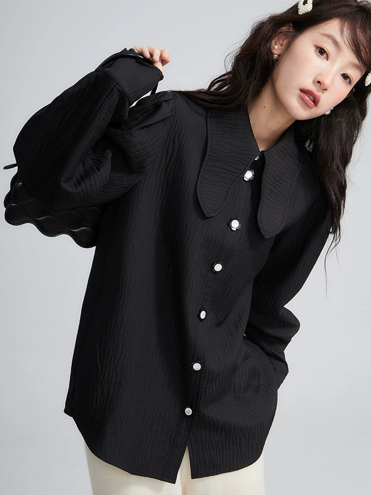 Original Design Introverted Intellectuals Retro Curved Collar Button Loose Cotton Clip Shirt