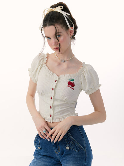 Vintage Cherry Bubble Sleeve Top - Summer Design Sense