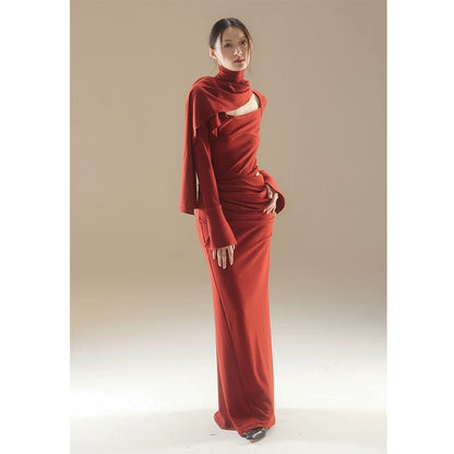 Autumn Red Ribbon Knitted Hollow Dress