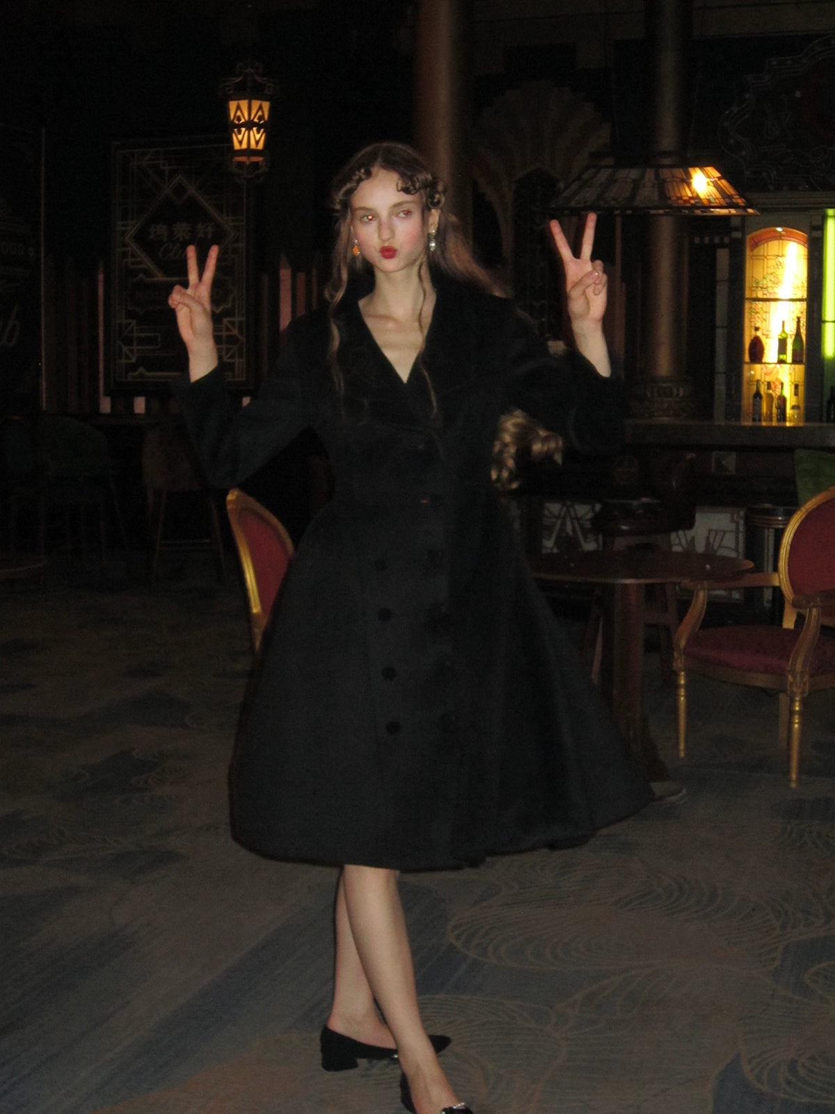 Vintage Black Wool Velvet Flower Buckle Wrap Coat