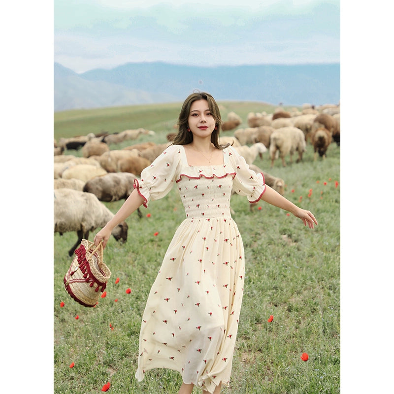 Wild Rose Embroidered Square Neck Dress