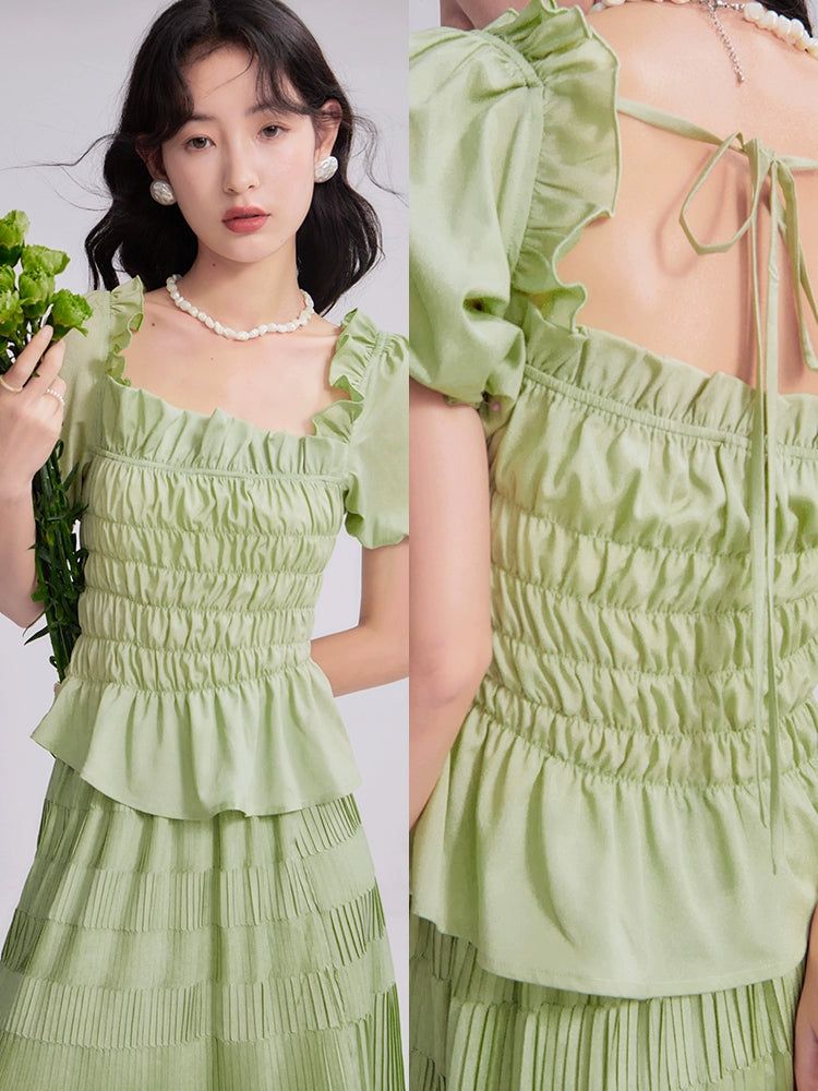 Green Fruit Dew Ruffle Shirt Skirt Set