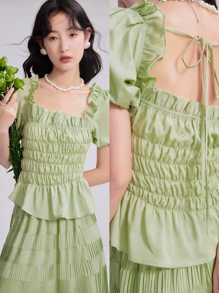 Ensemble de jupe de chemise à volants de rosée aux fruits verts