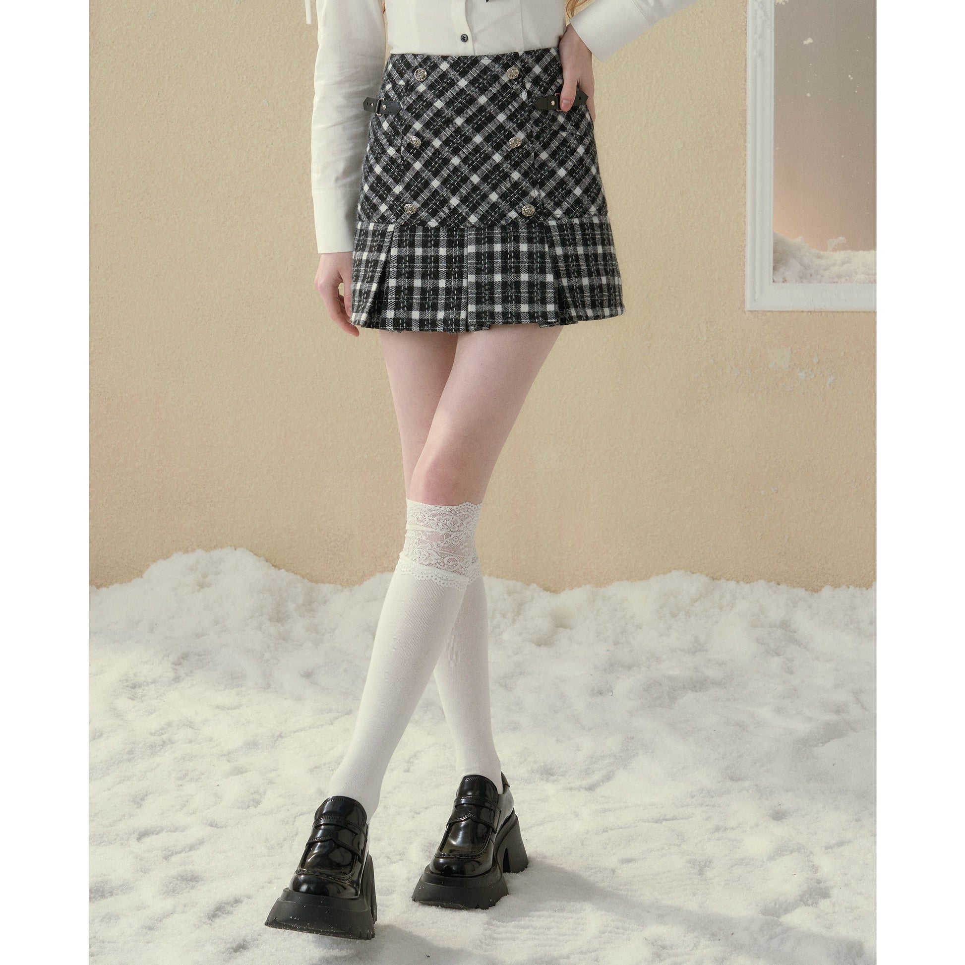 Woolen Black & Plaid A-line Skirt