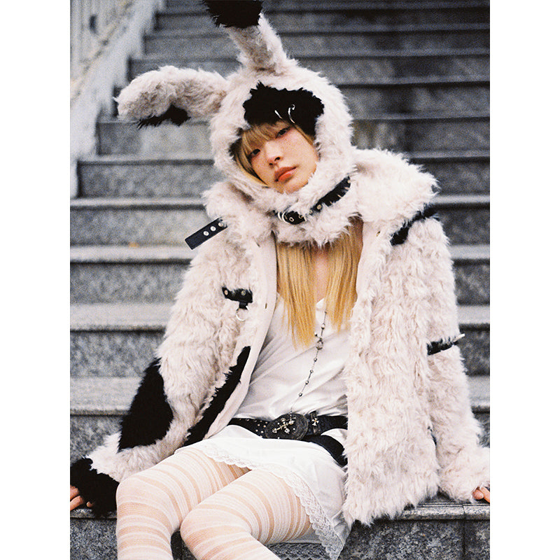 rebellious bunny black and white patchwork fur coat