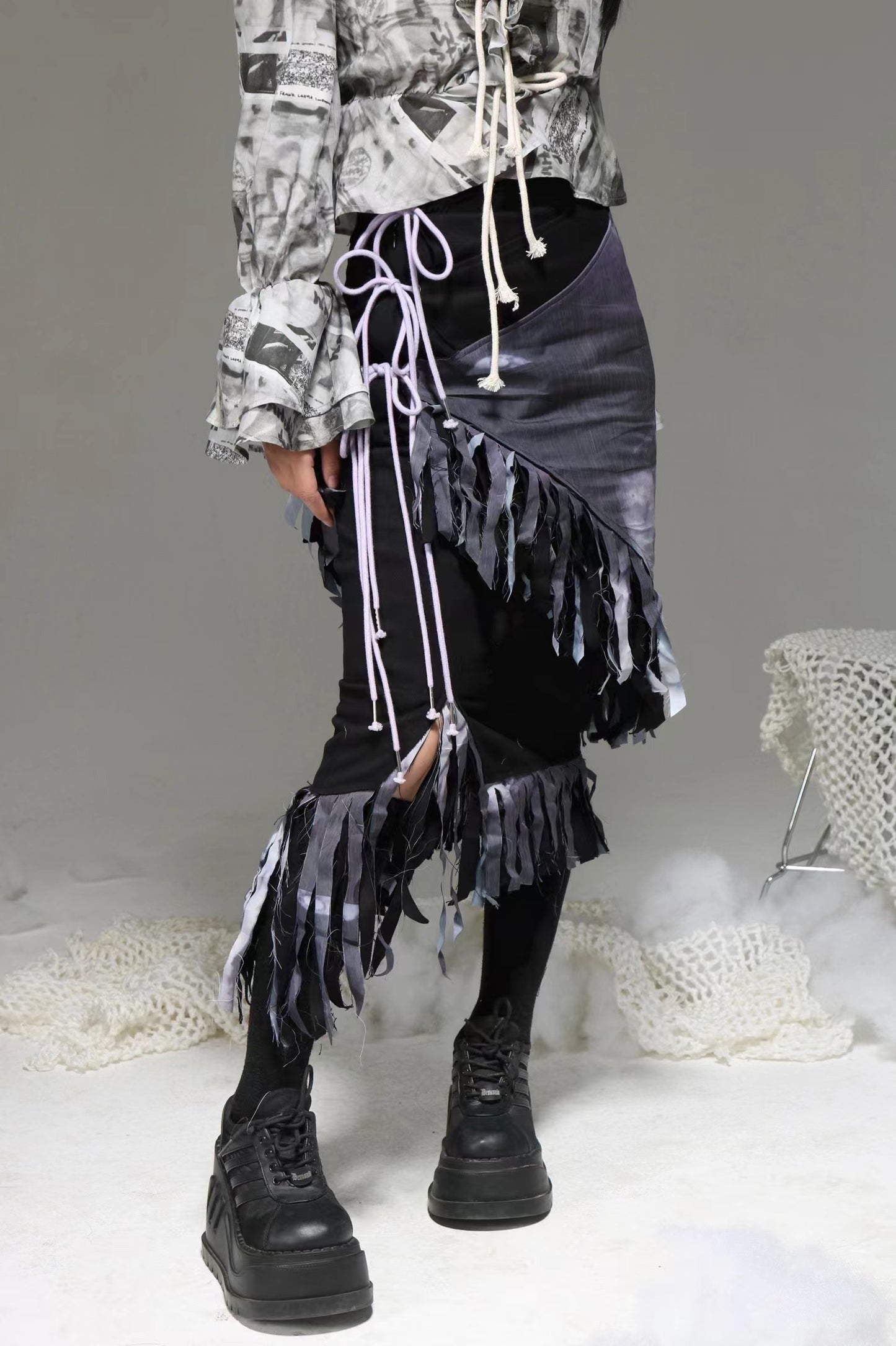 Tassel Edge Lace-Up Panel Denim Long Dress - Original Design