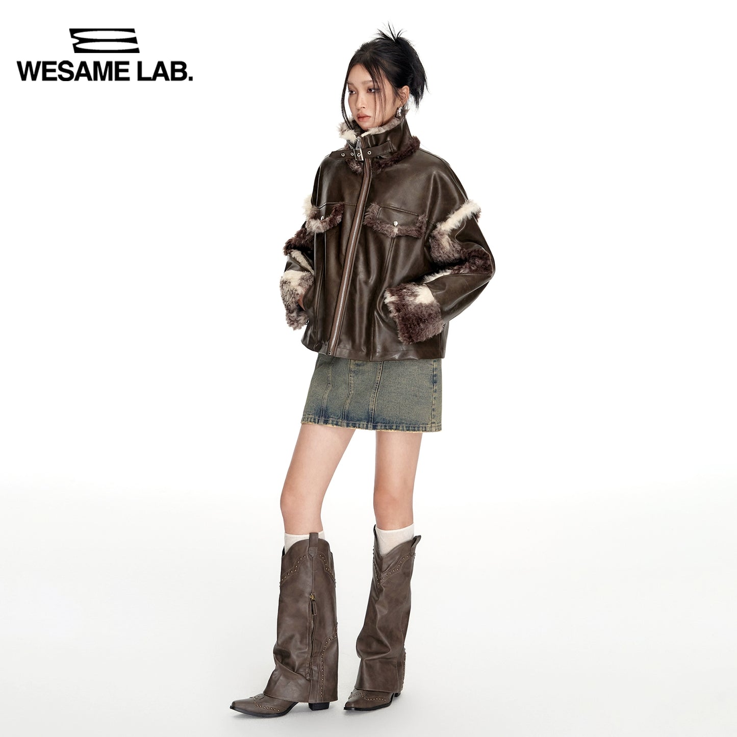 Lamb Wool High Collar Washable Leather Splice Fur Coat