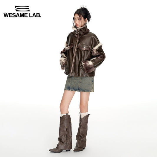 Lamb Wool High Collar Washable Leather Splice Fur Coat