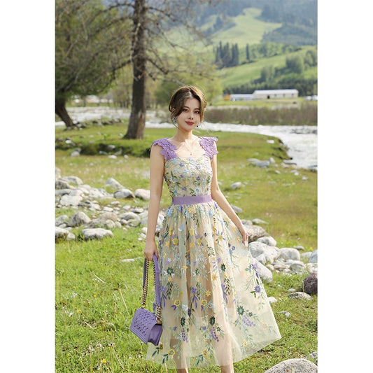 Flower Sea Heavy Mesh Embroidery Sling Dress