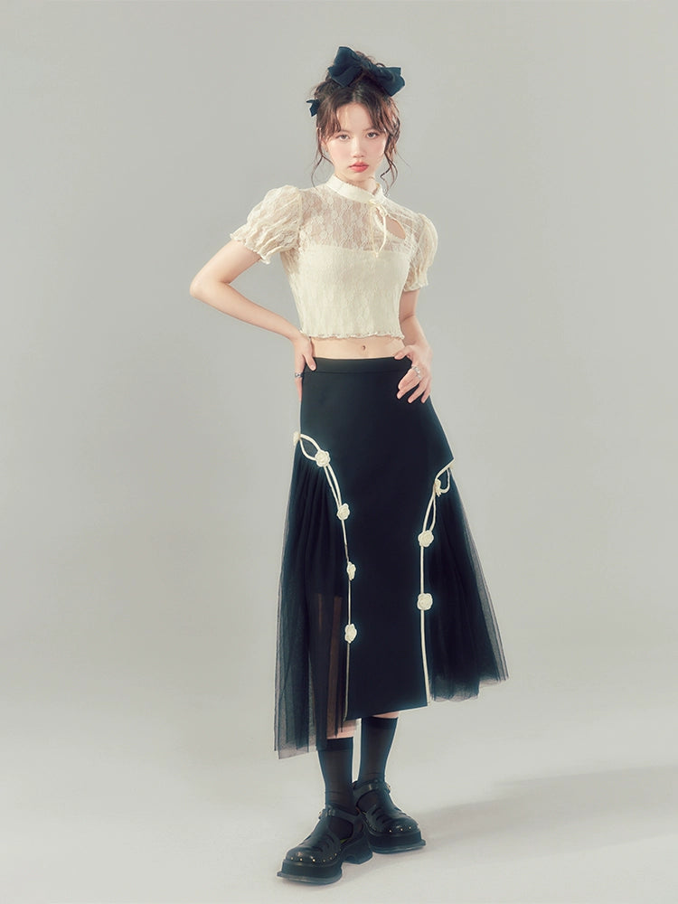 Floral Mesh - High Waist Long Skirt