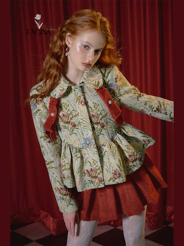 Red Studded Bow Jacquard Jacket with Floral Cluster Design