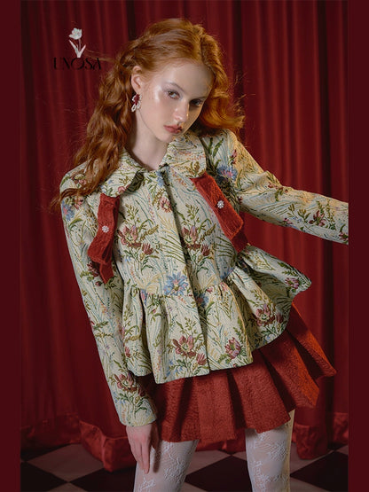 Red Studded Bow Jacquard Jacket with Floral Cluster Design