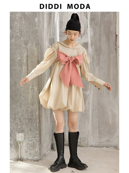 Apricot Big Bow - Bubble Sleeve Dress