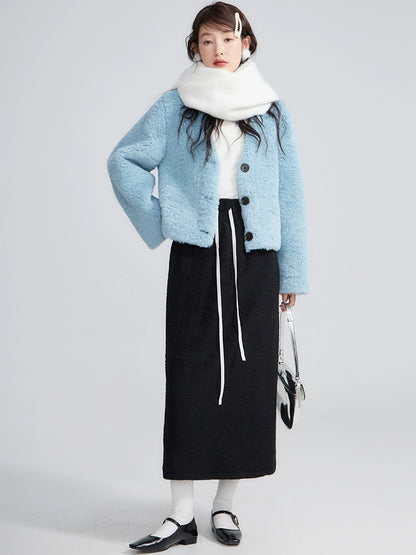 Original Design Warm Plush Imitation Mink Hair Contrast Drawstring Elastic Waist Loose Straight Barrel Skirt