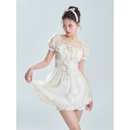 Off White Bubble Sleeve French Dress