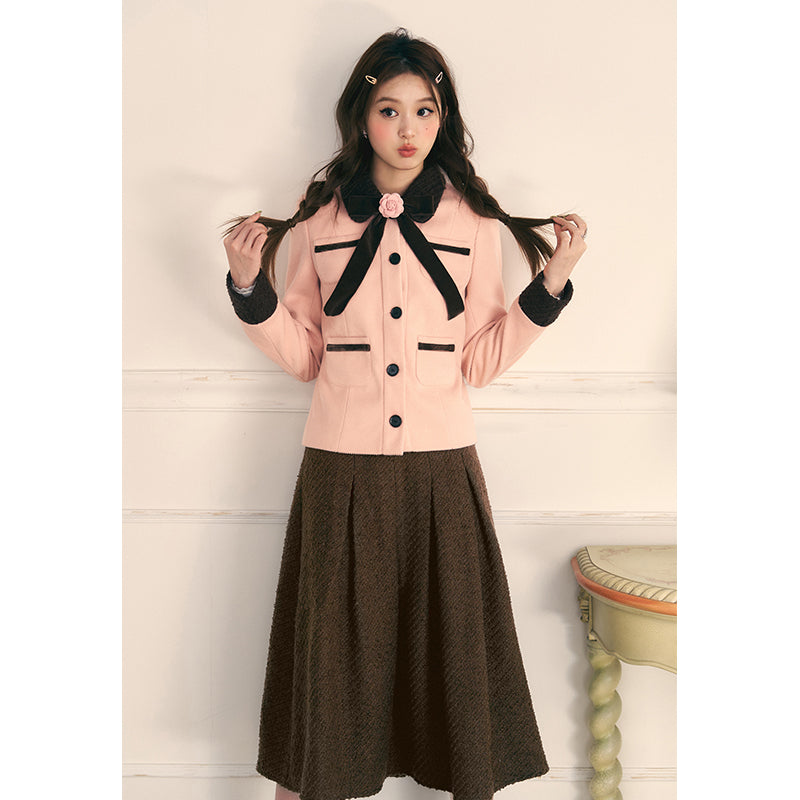 Bow Coat Pleated Skirt Set