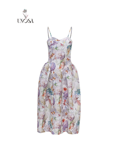 Misty Floral Print Strap Dress with Cinched Waist and Large Skirt Hem