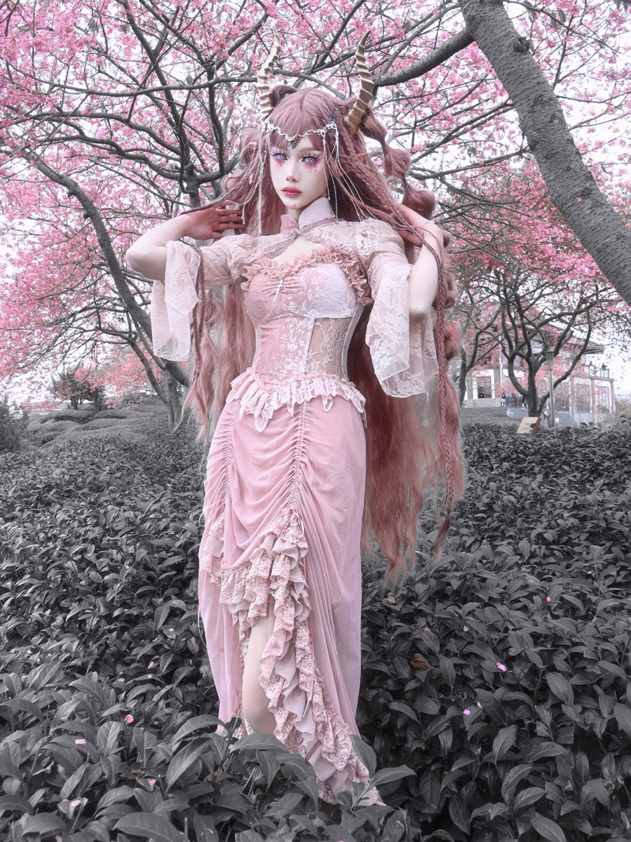 Sakura Velvet Lace Dress: Lotus Pink, Flying Sleeves