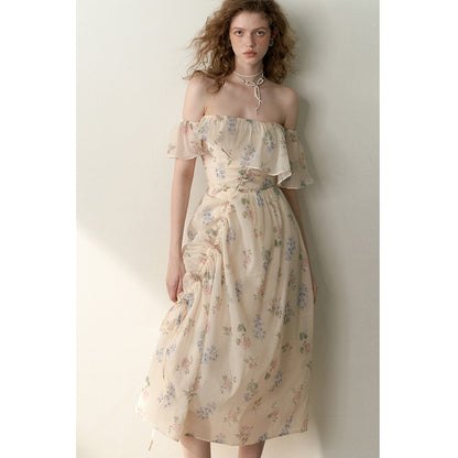 Chiffon Off Shoulder Drawstring Dress