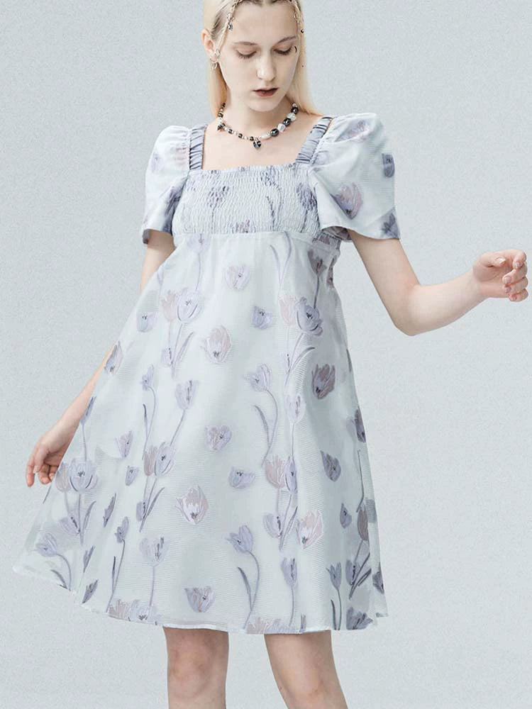 Designer Flower Print Square Neck Doll Dress