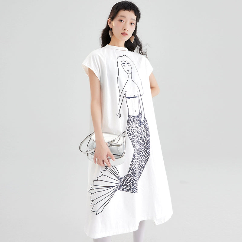 Original design with ears and ears, pink memories, simple pen mermaid print, sleeveless mid length dress