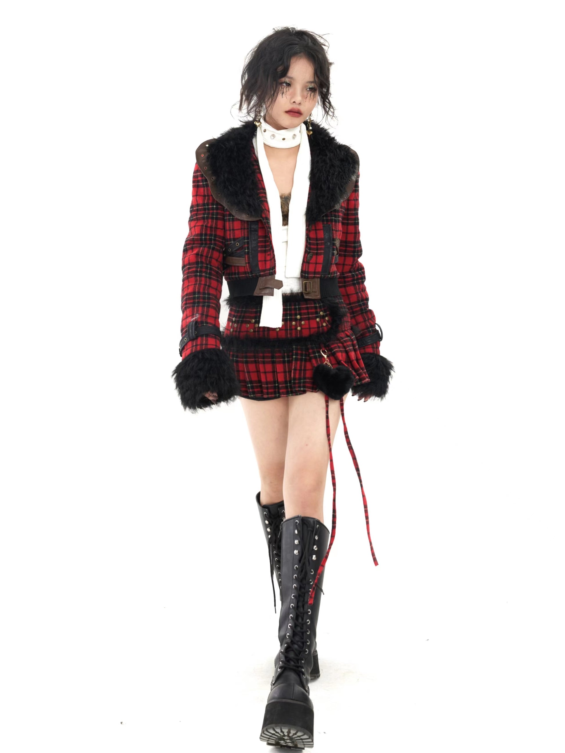 Red and Black Plaid Fleece Collar Thickened Coat Set