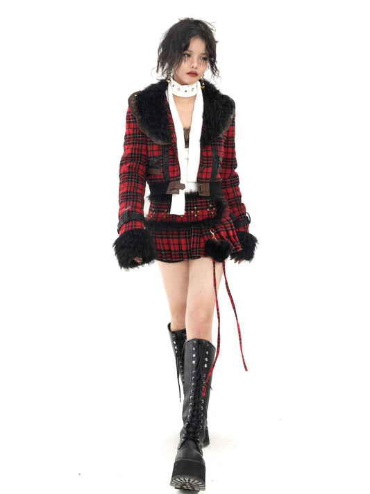 Red and Black Plaid Fleece Collar Thickened Coat Set