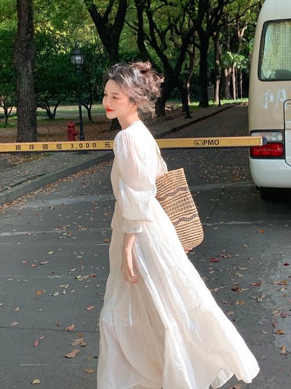 French Elegance: White Bubble Sleeve Dress