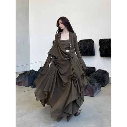 Brown Blossom Waist Strap Long Dress