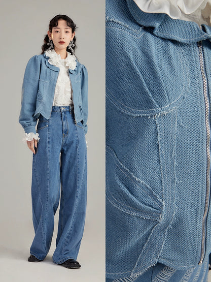 Original and niche design with ears, unique and romantic retro short style wooden ear edge bubble sleeve denim jacket for women