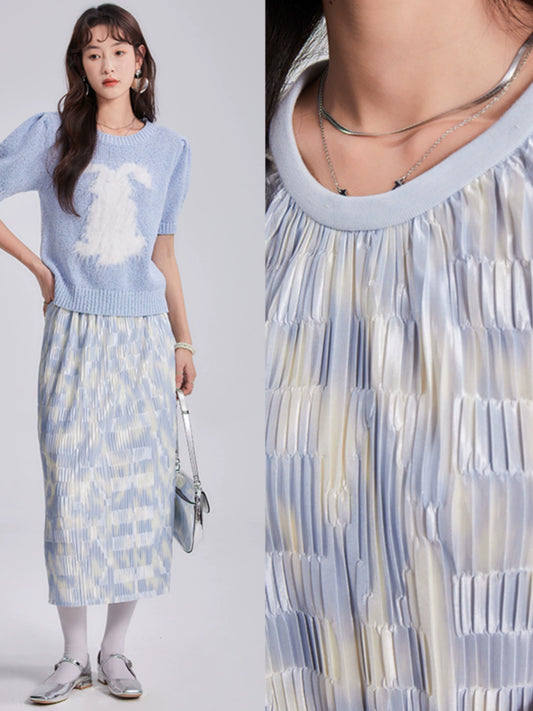 Diamond Sea Ice Blue Pleated T-shirt Skirt Set