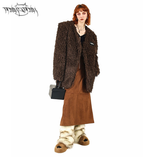 Caramel V-Neck Cotton Coat Fur