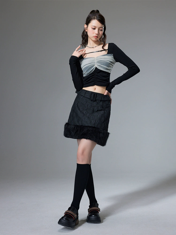 Mesh Splice - Knitted Square Neck Top