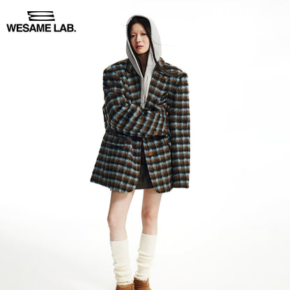 Wide Shoulder Contrast Plaid Woolen Fabric Suit Coat