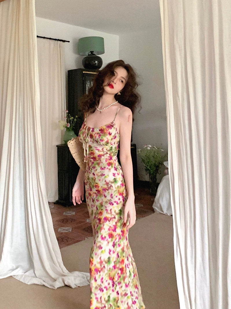 French Vintage Rose Dress: Summer's Fish Tail Elegance