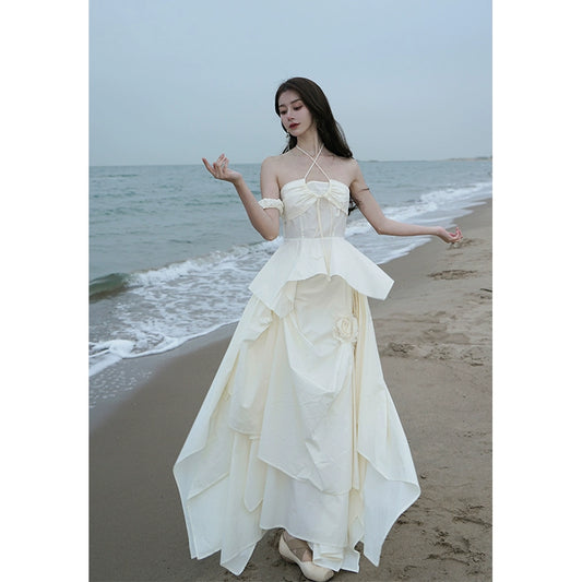 Beige White Flower Fairy Long Skirt