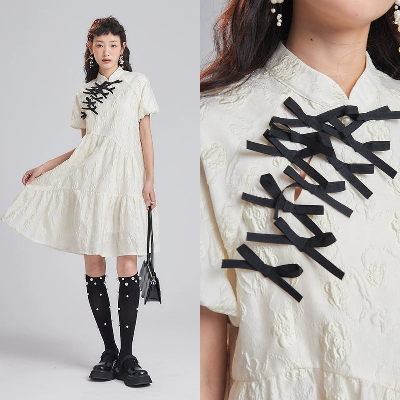 Original Design by You'er UARE: Milk Sweet Summer New Chinese Style Small Bow Doll Dress with Bubble Sleeves Dress