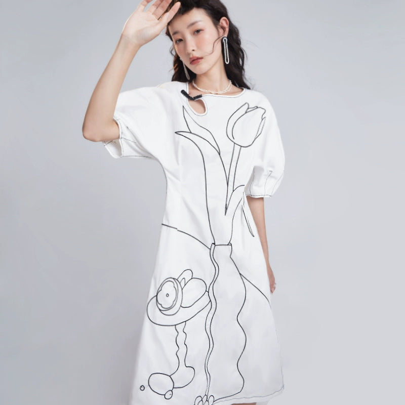 Original design with ears, still painting, new Chinese style sketch, still life embroidery, button up, medium length dress