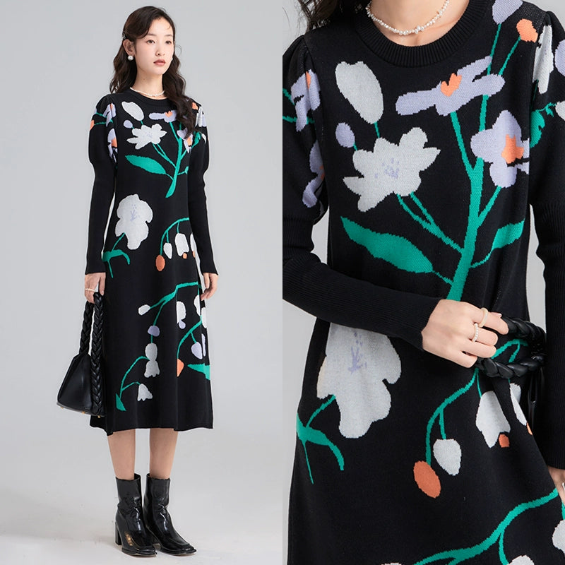 like a flower in the wilderness, contrasting colors with wind chimes, mountain camellias, slim fitting long knit dress