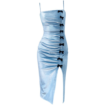 Bow Velvet Strap Dress Small Sexy Split Original Design