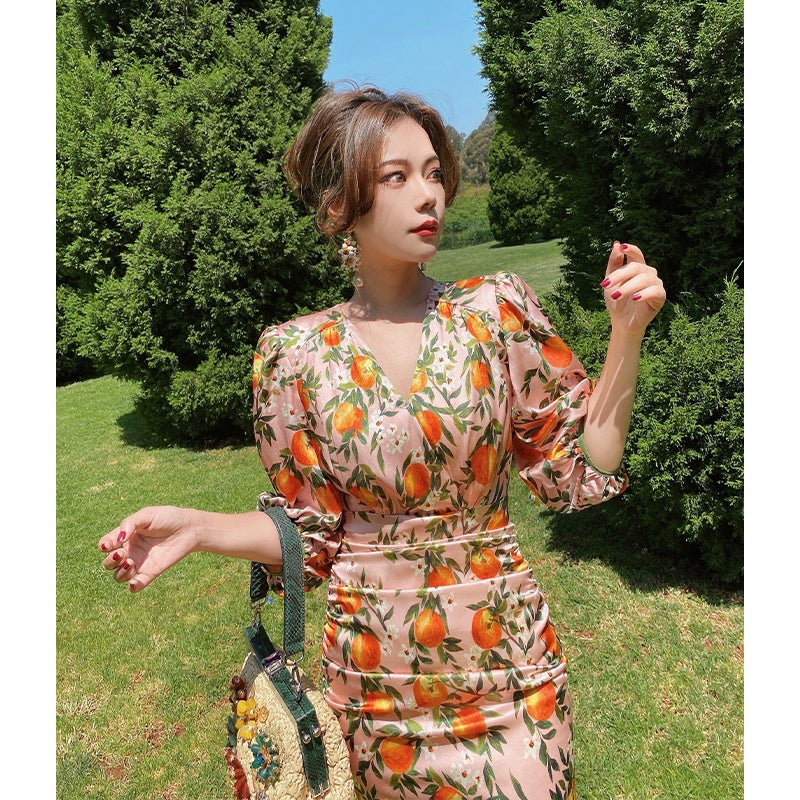 Southern French Citrus Silk Wrap Dress